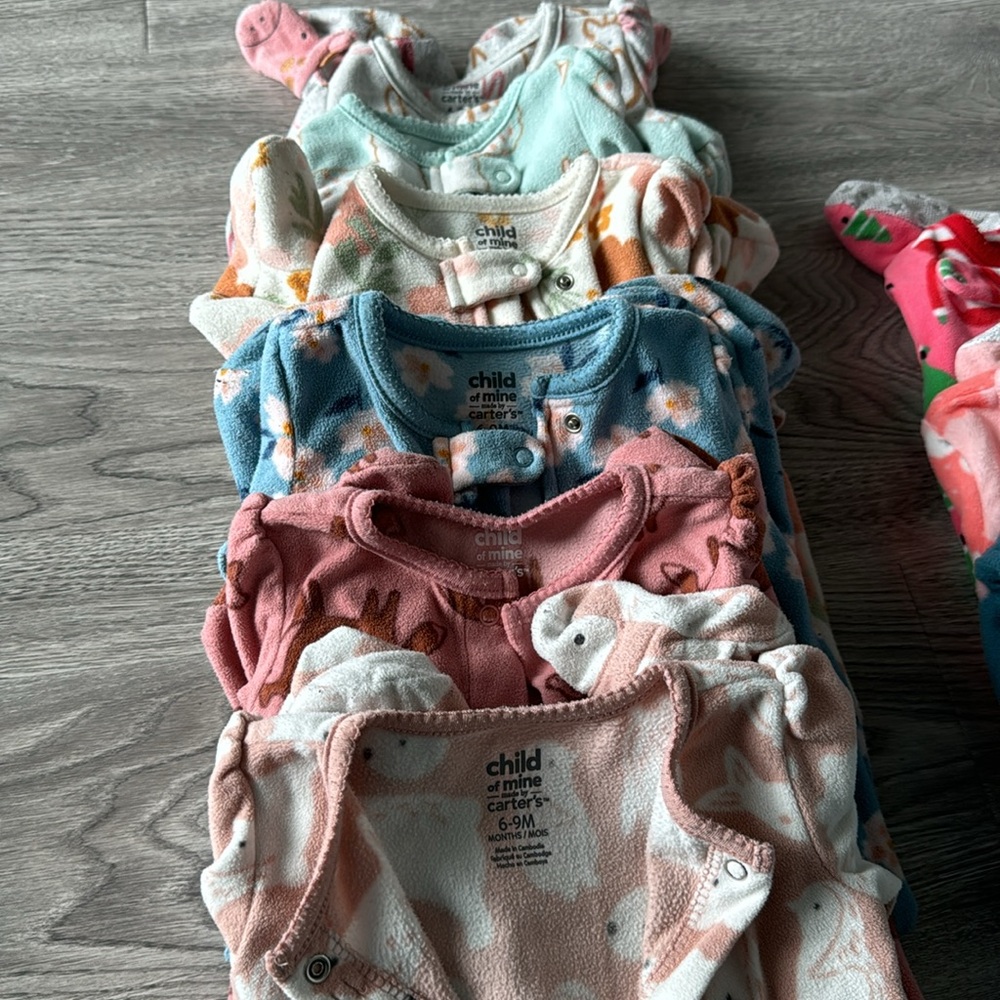 carters fleece footies 6-9 months ( six in total) and 12 months (three in total)